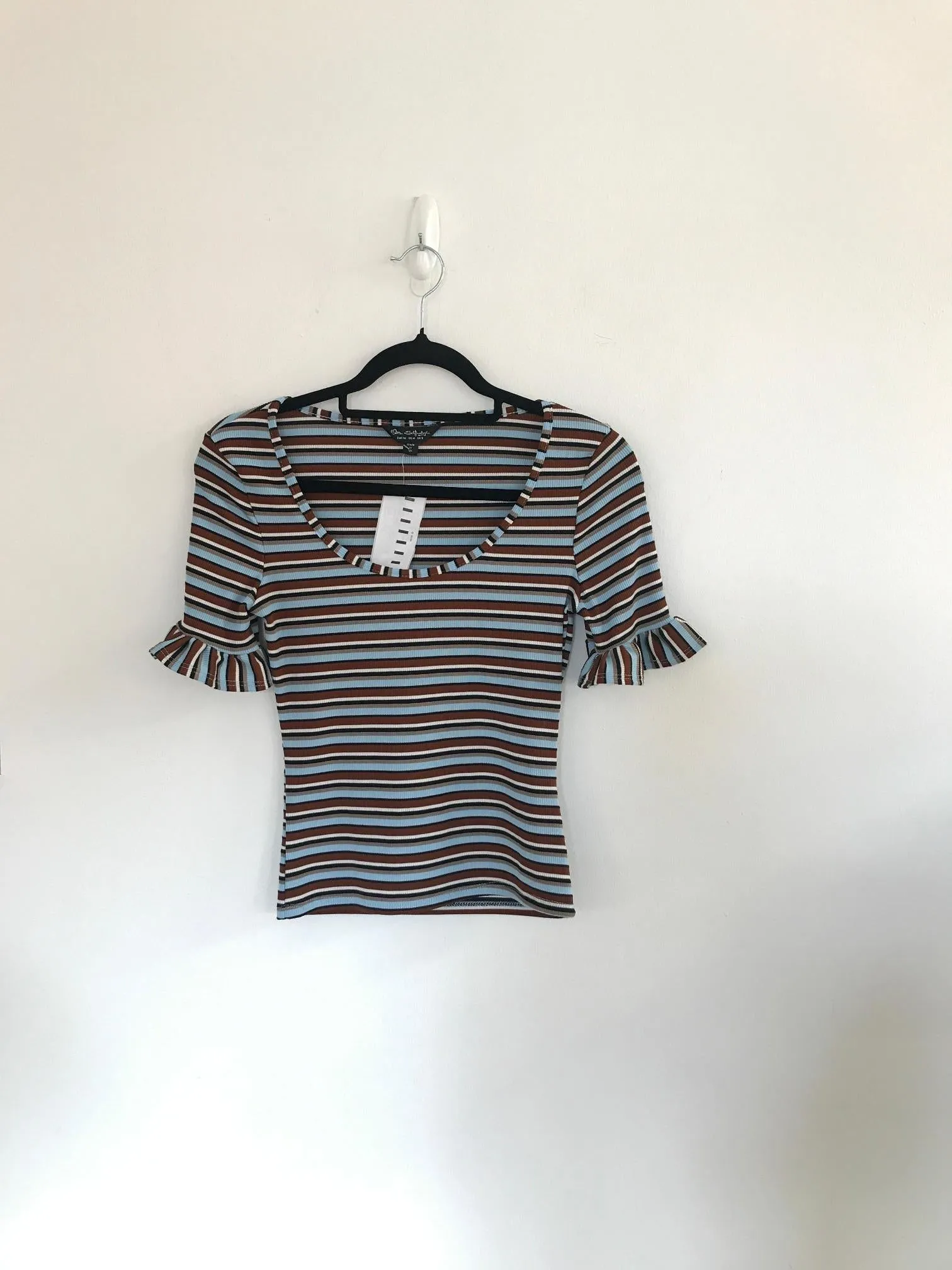 Blue, Brown and White Striped Top, Miss Selfridge, Size 8 (Polyester, Elastane)