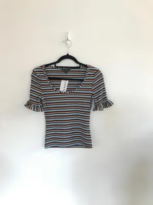 Blue, Brown and White Striped Top, Miss Selfridge, Size 8 (Polyester, Elastane)