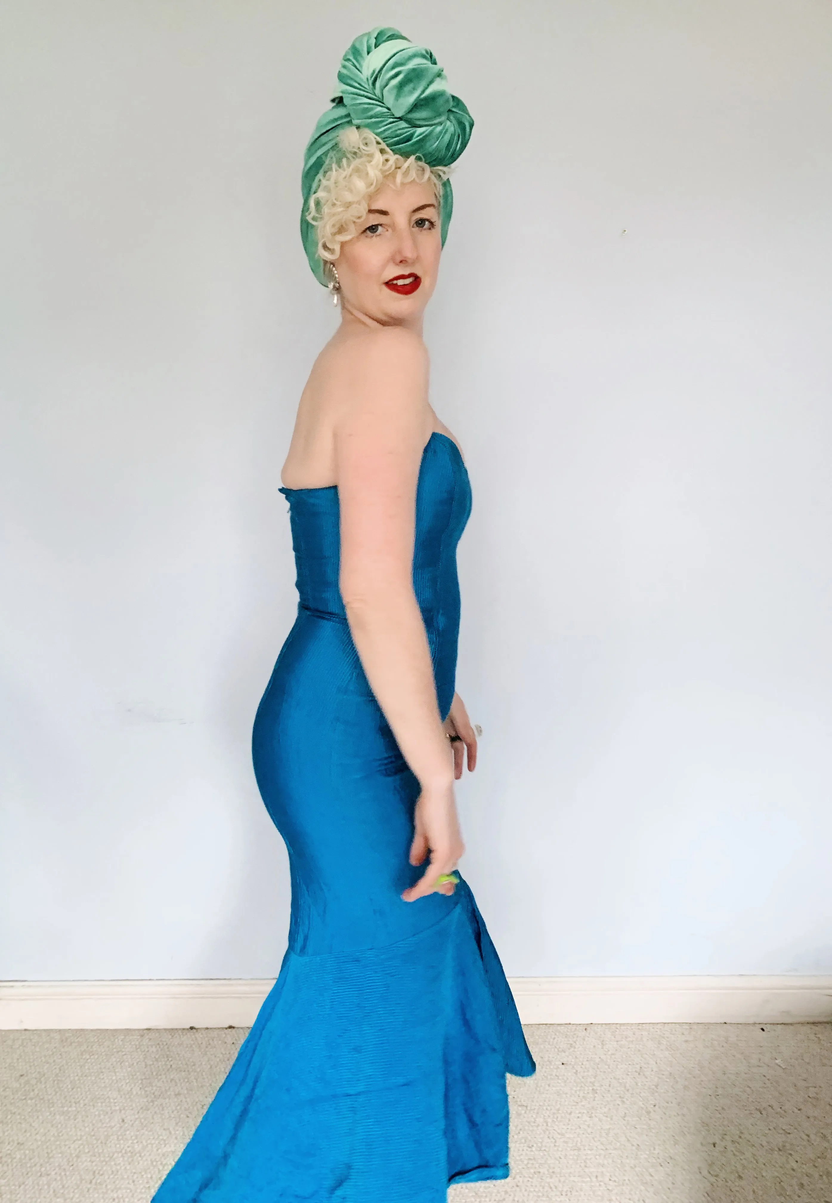 Blue Ribbed Strapless Dress - Vintage Miss Selfridge