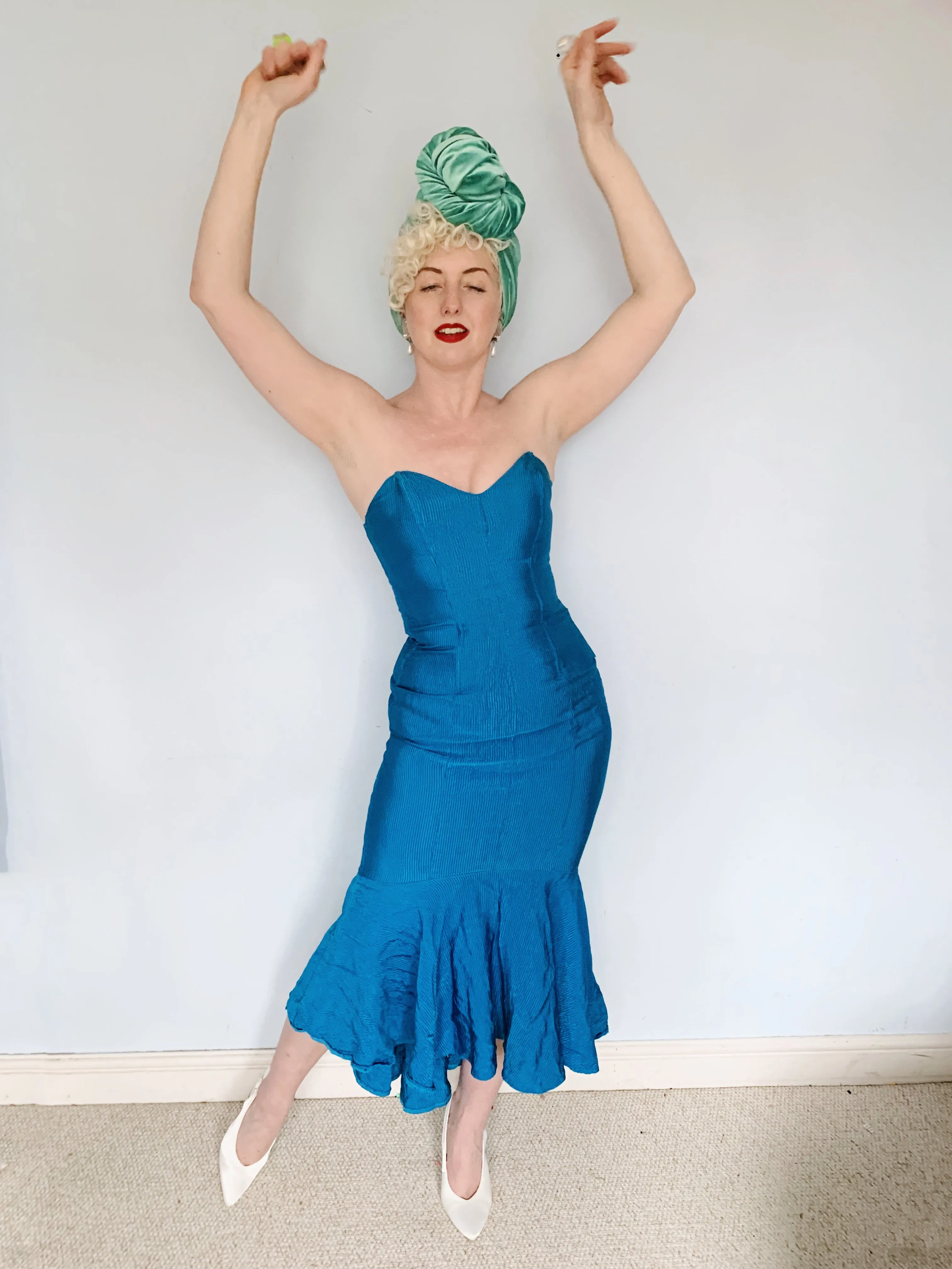 Blue Ribbed Strapless Dress - Vintage Miss Selfridge