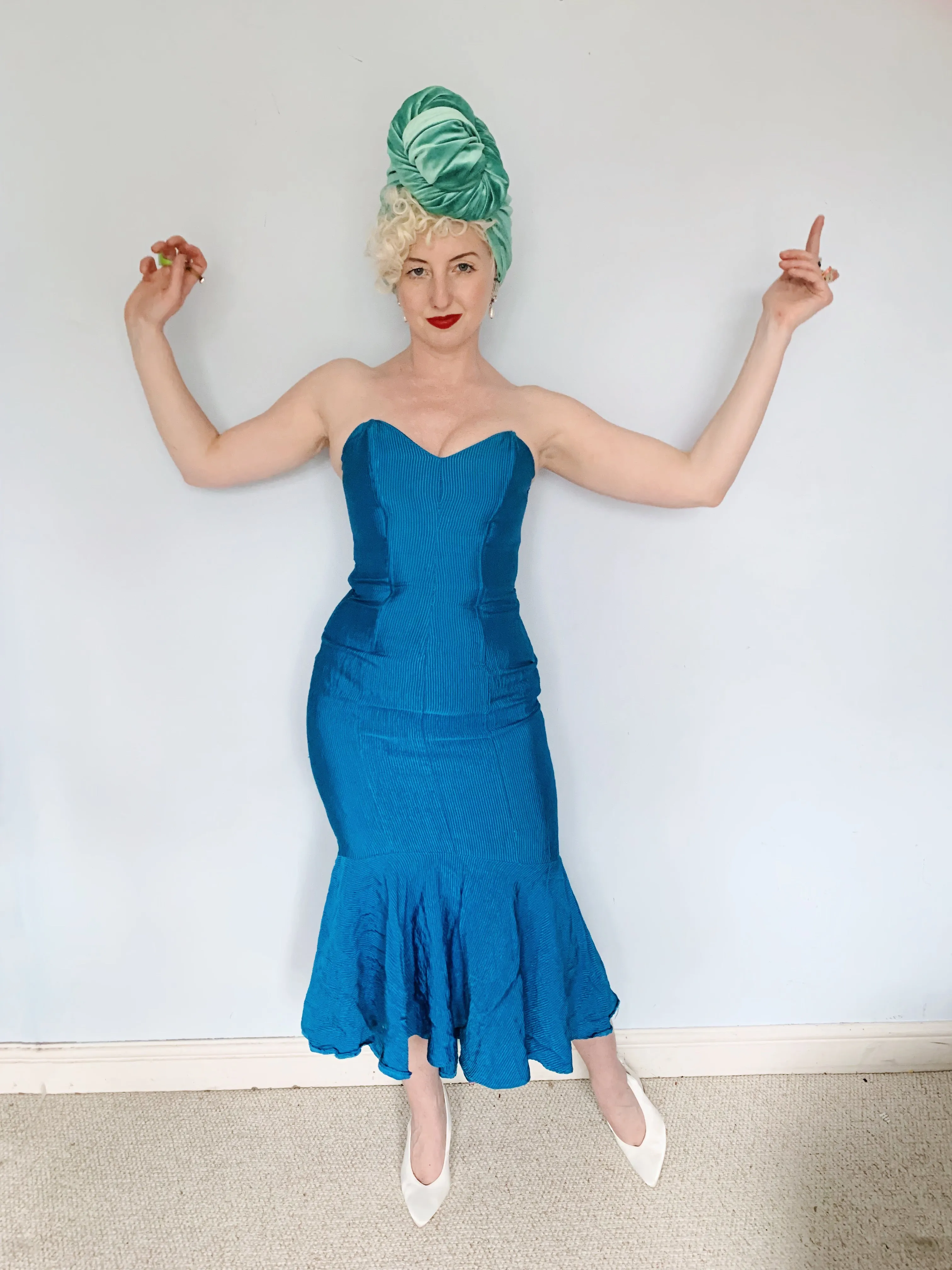 Blue Ribbed Strapless Dress - Vintage Miss Selfridge