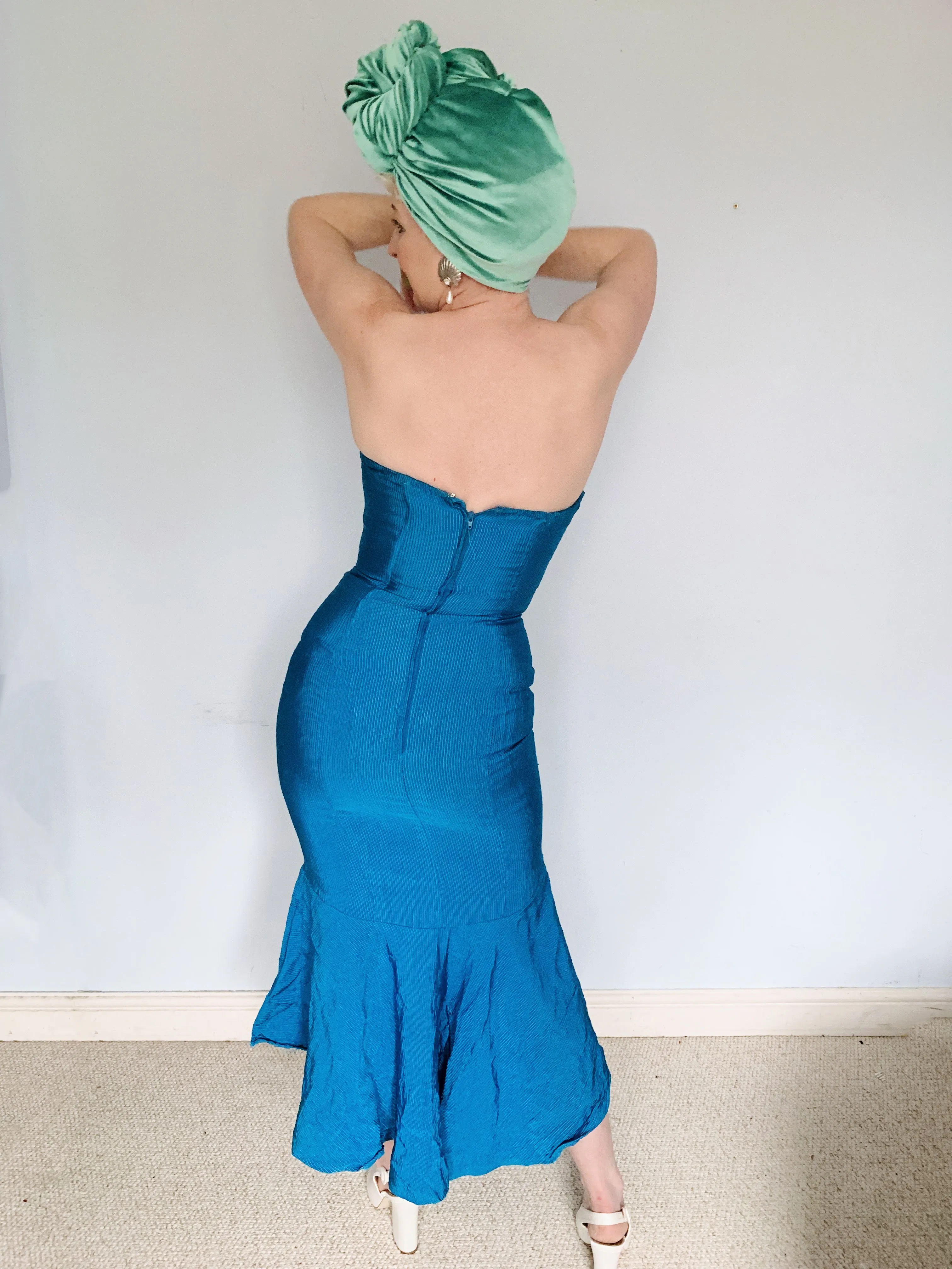 Blue Ribbed Strapless Dress - Vintage Miss Selfridge