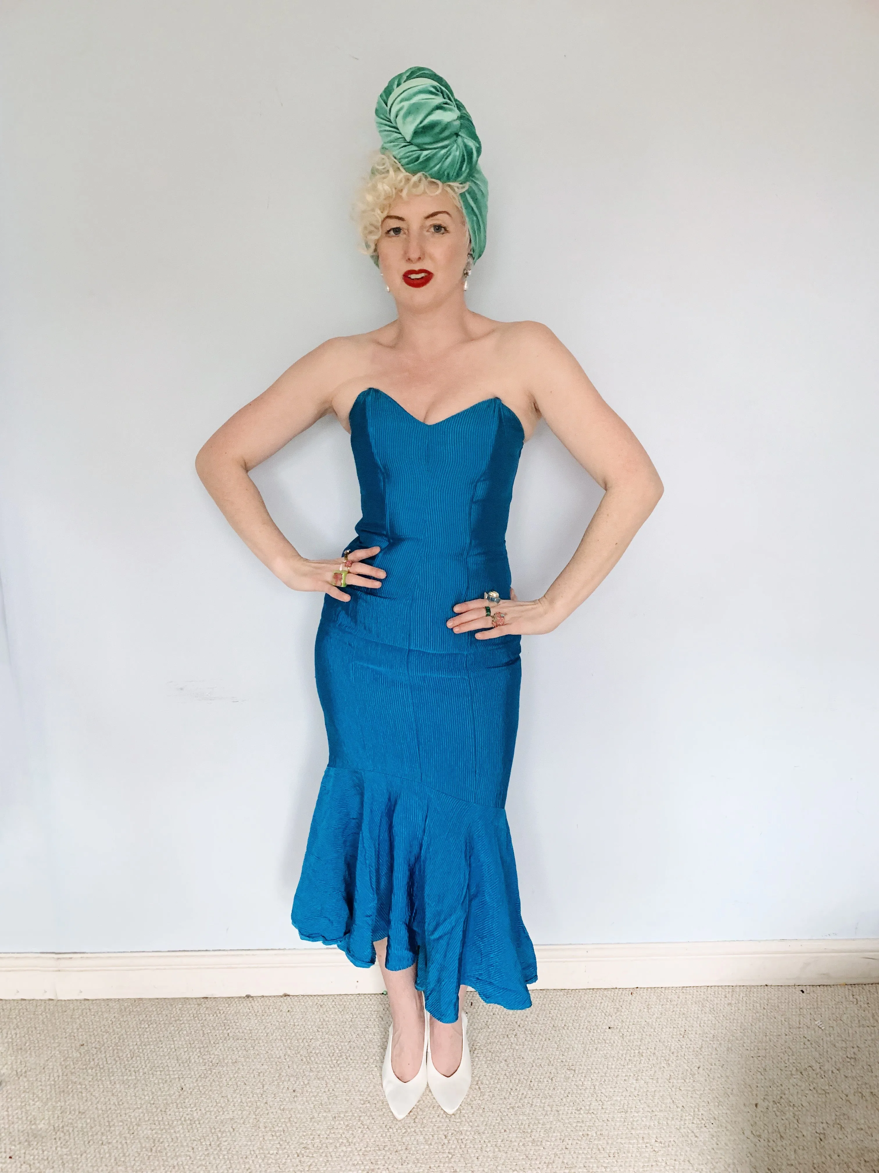Blue Ribbed Strapless Dress - Vintage Miss Selfridge