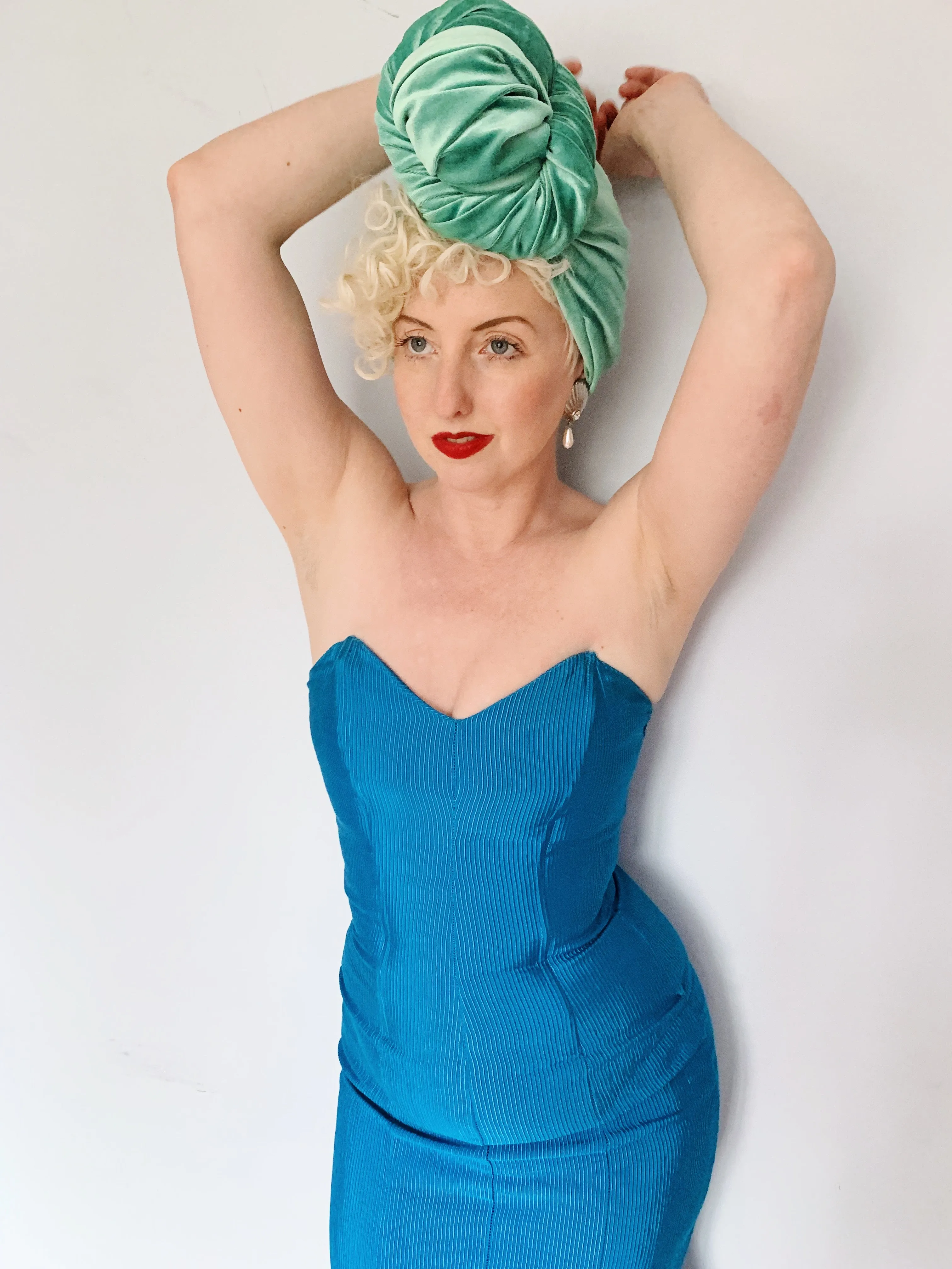 Blue Ribbed Strapless Dress - Vintage Miss Selfridge