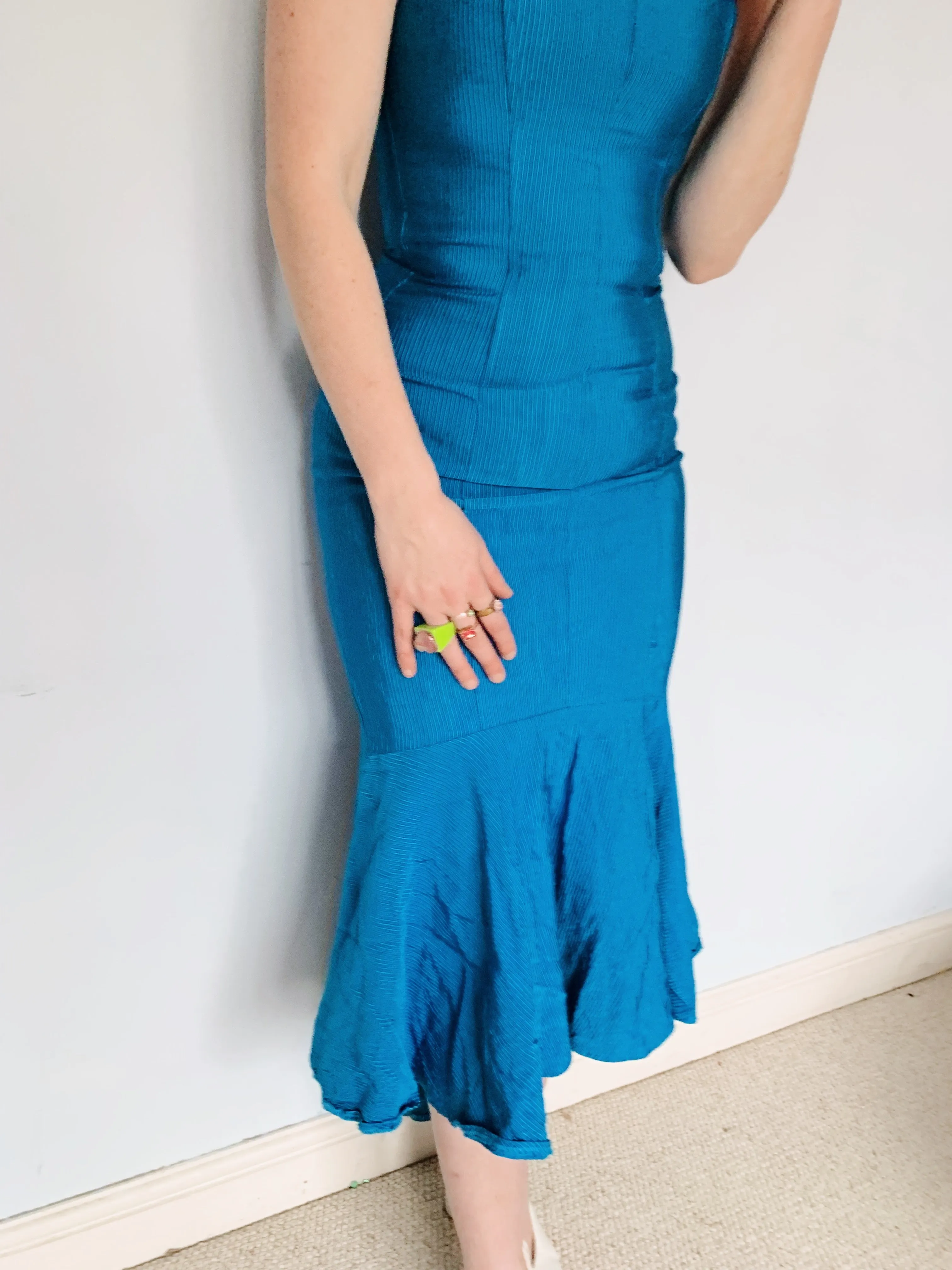 Blue Ribbed Strapless Dress - Vintage Miss Selfridge