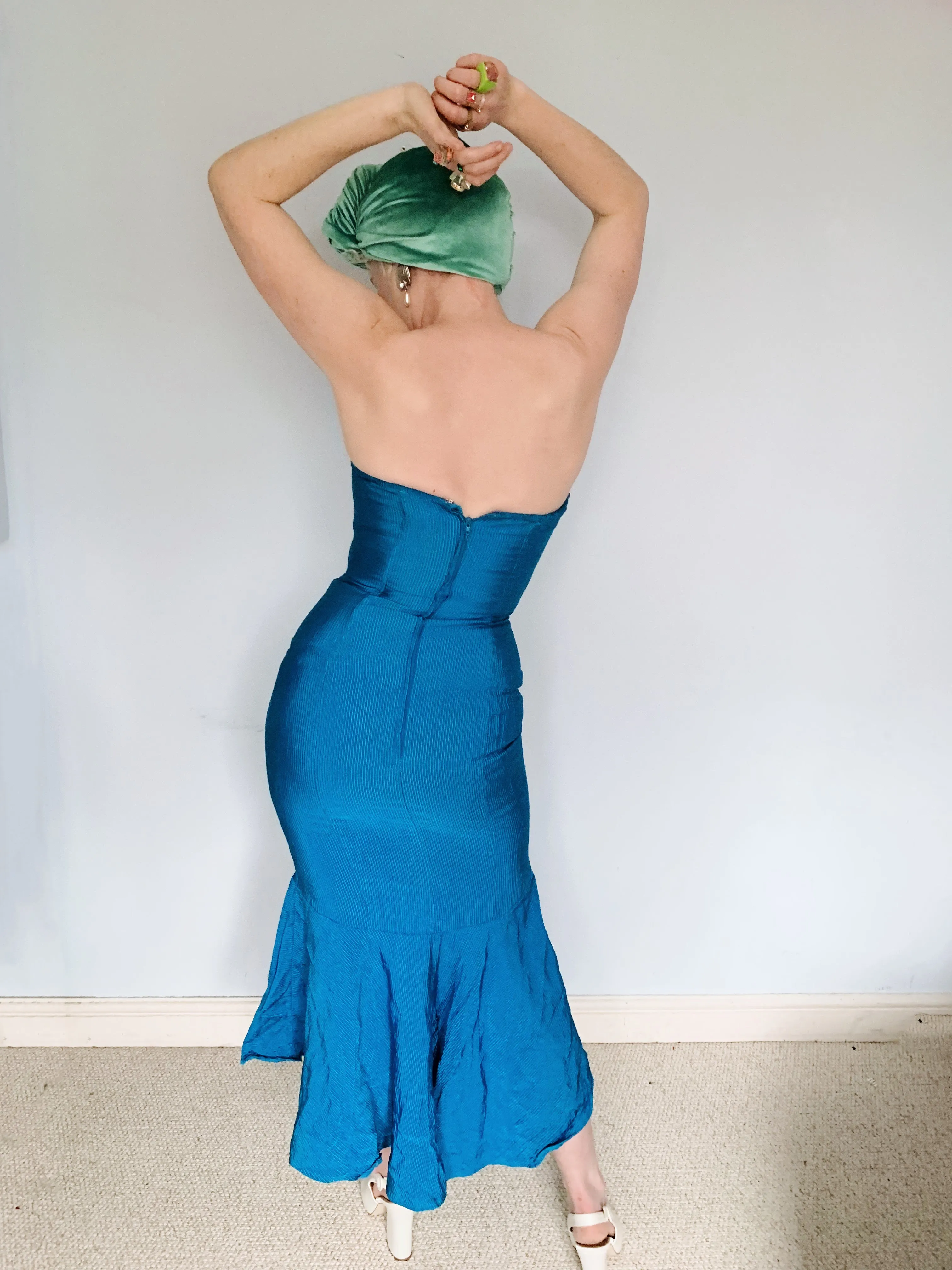 Blue Ribbed Strapless Dress - Vintage Miss Selfridge