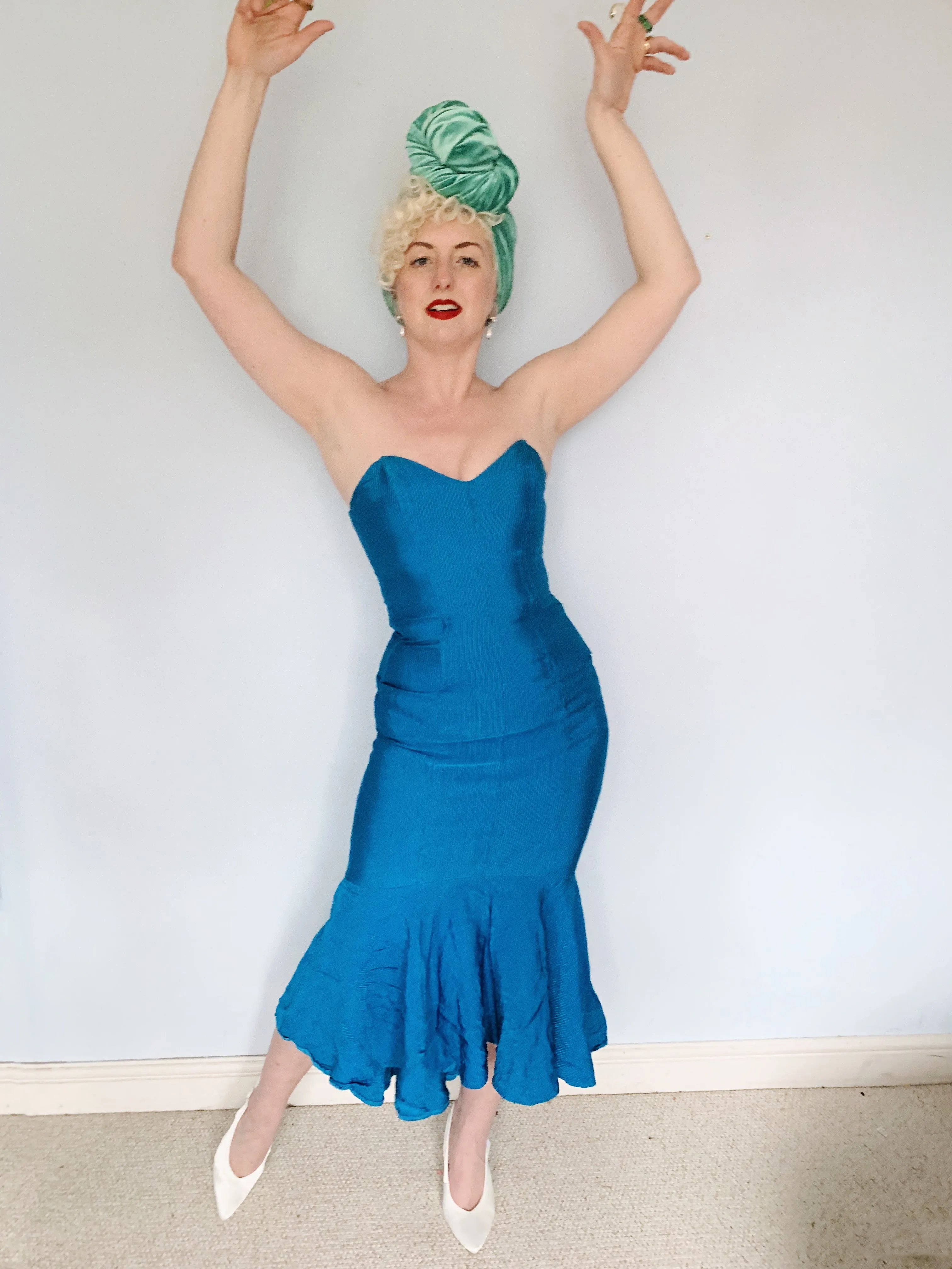 Blue Ribbed Strapless Dress - Vintage Miss Selfridge