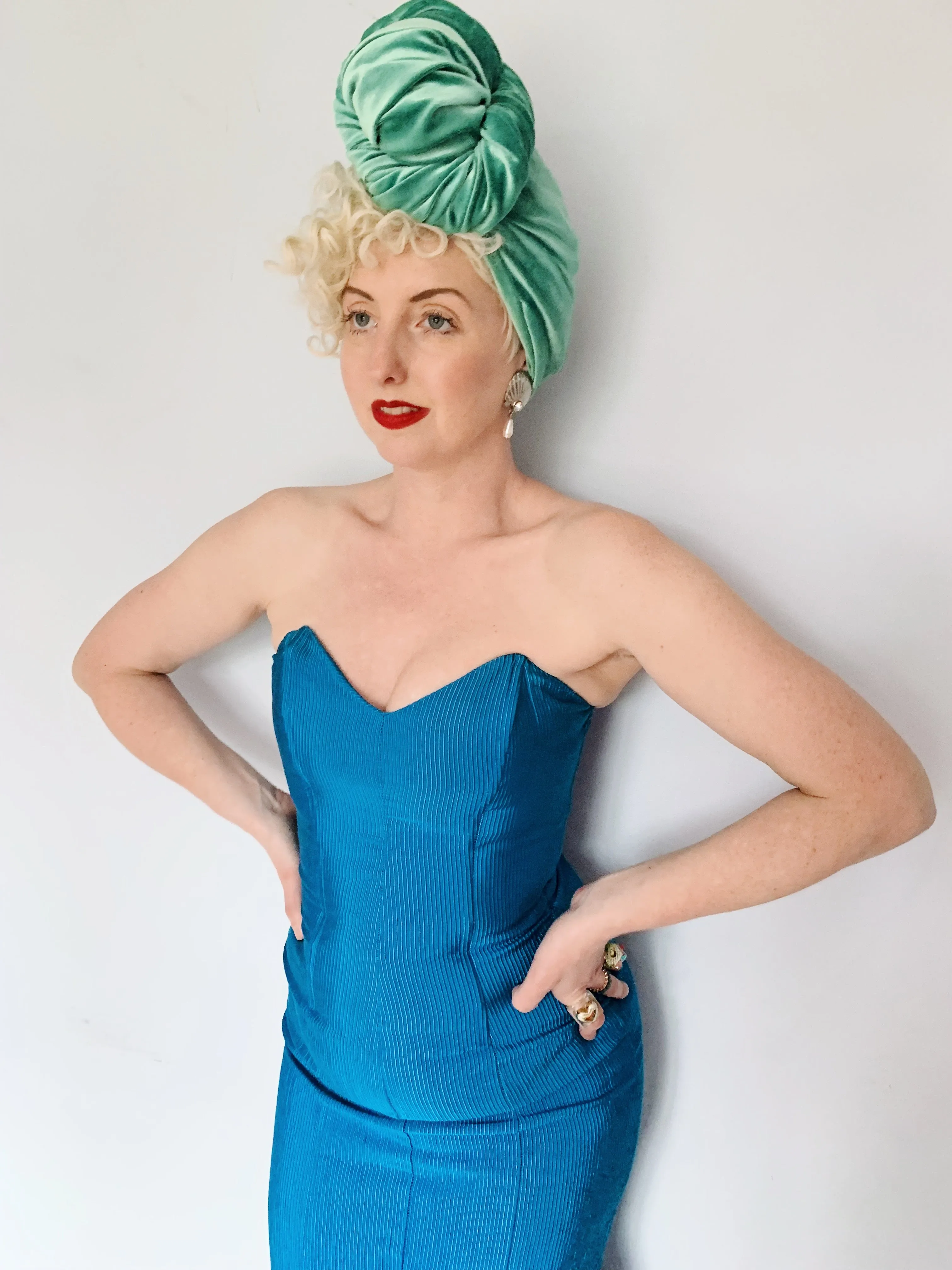 Blue Ribbed Strapless Dress - Vintage Miss Selfridge
