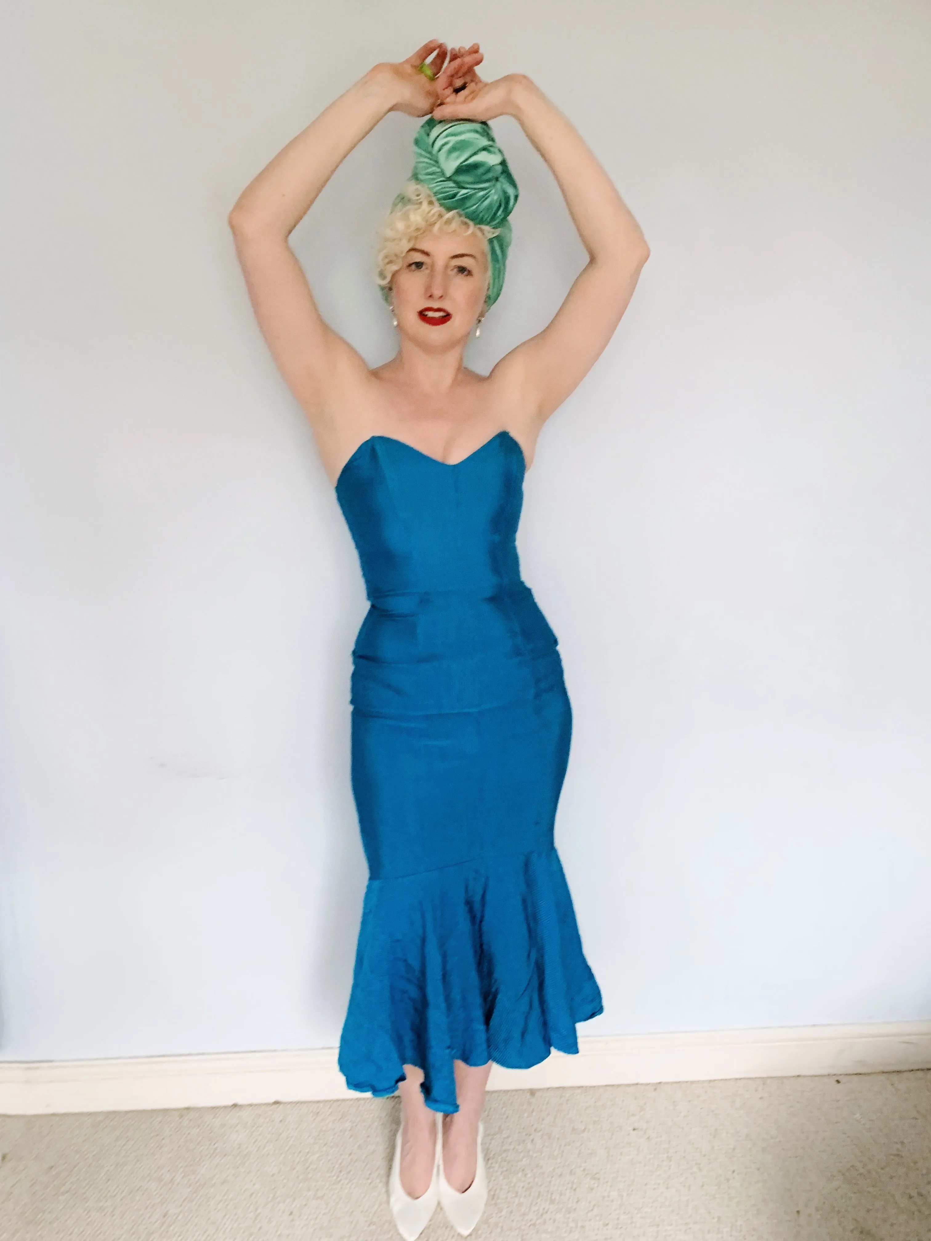 Blue Ribbed Strapless Dress - Vintage Miss Selfridge