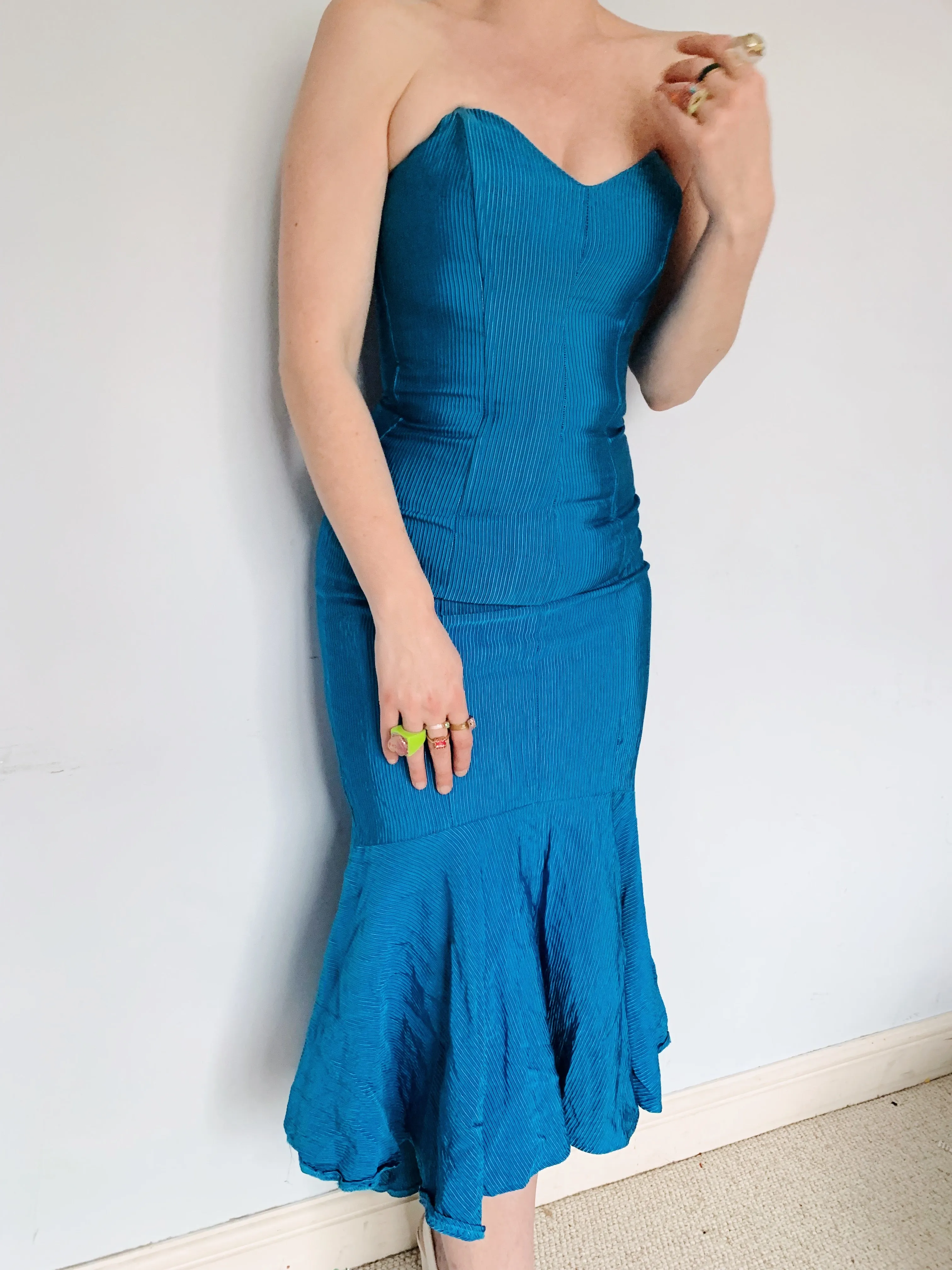 Blue Ribbed Strapless Dress - Vintage Miss Selfridge