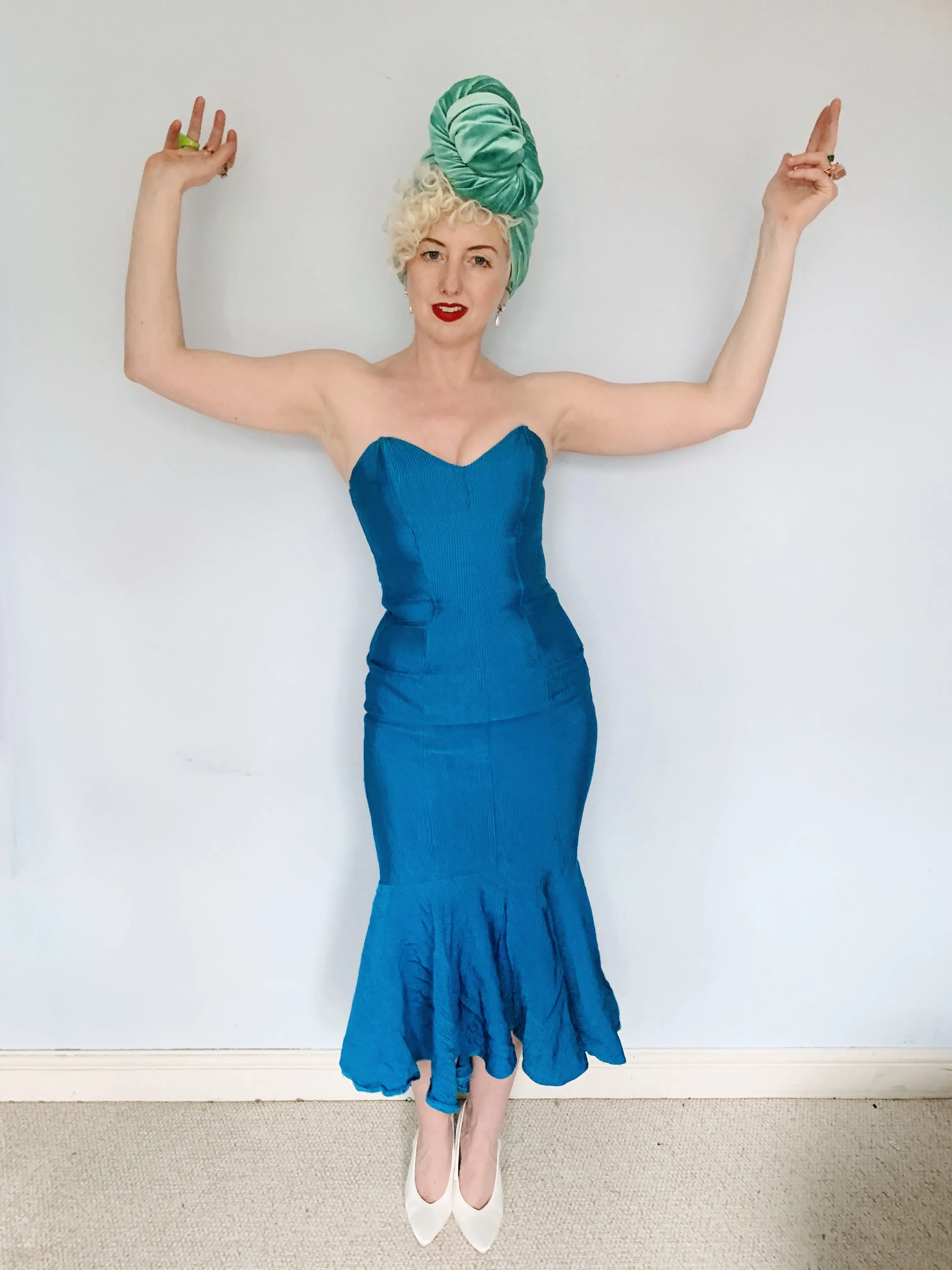 Blue Ribbed Strapless Dress - Vintage Miss Selfridge