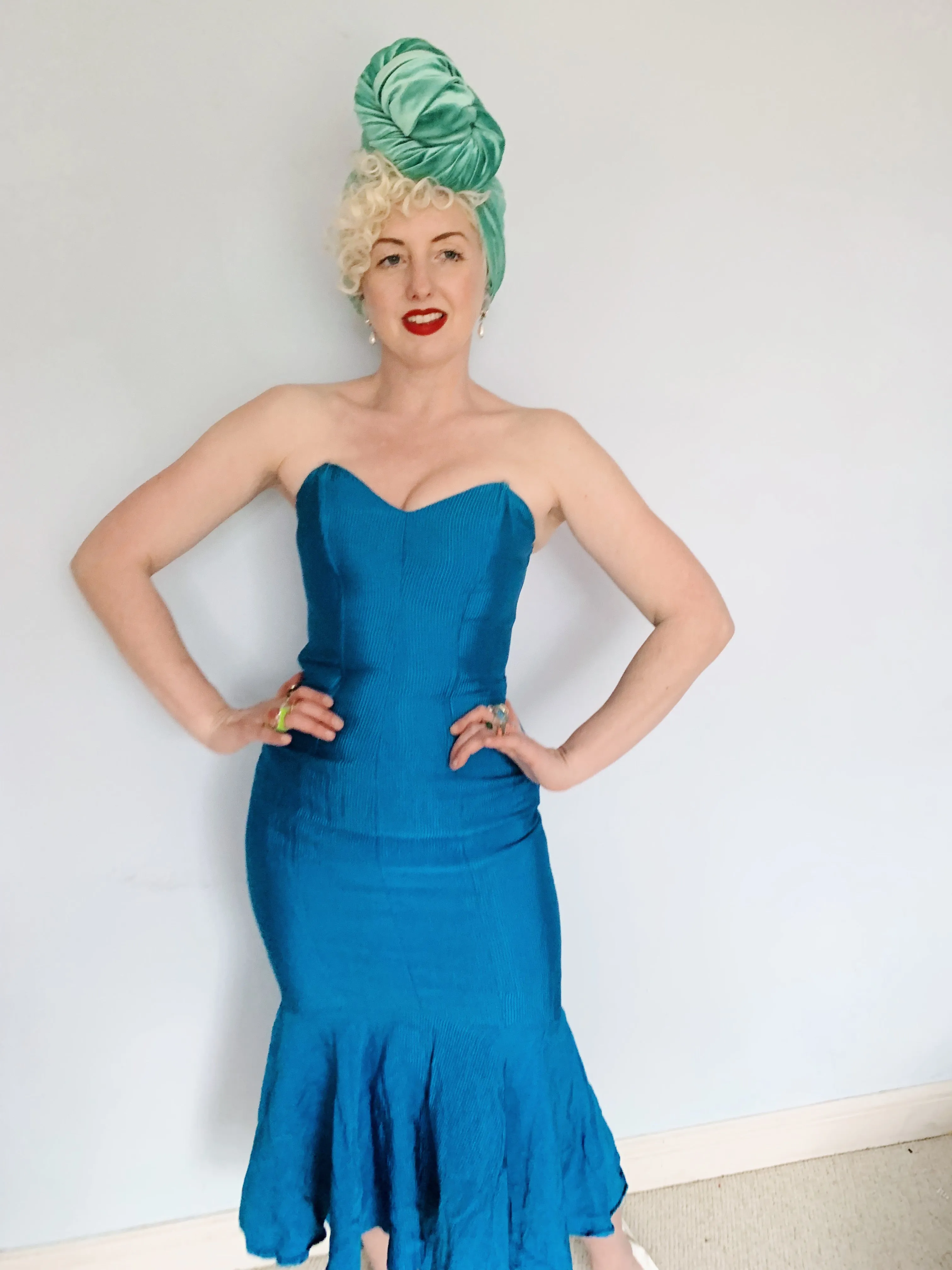 Blue Ribbed Strapless Dress - Vintage Miss Selfridge