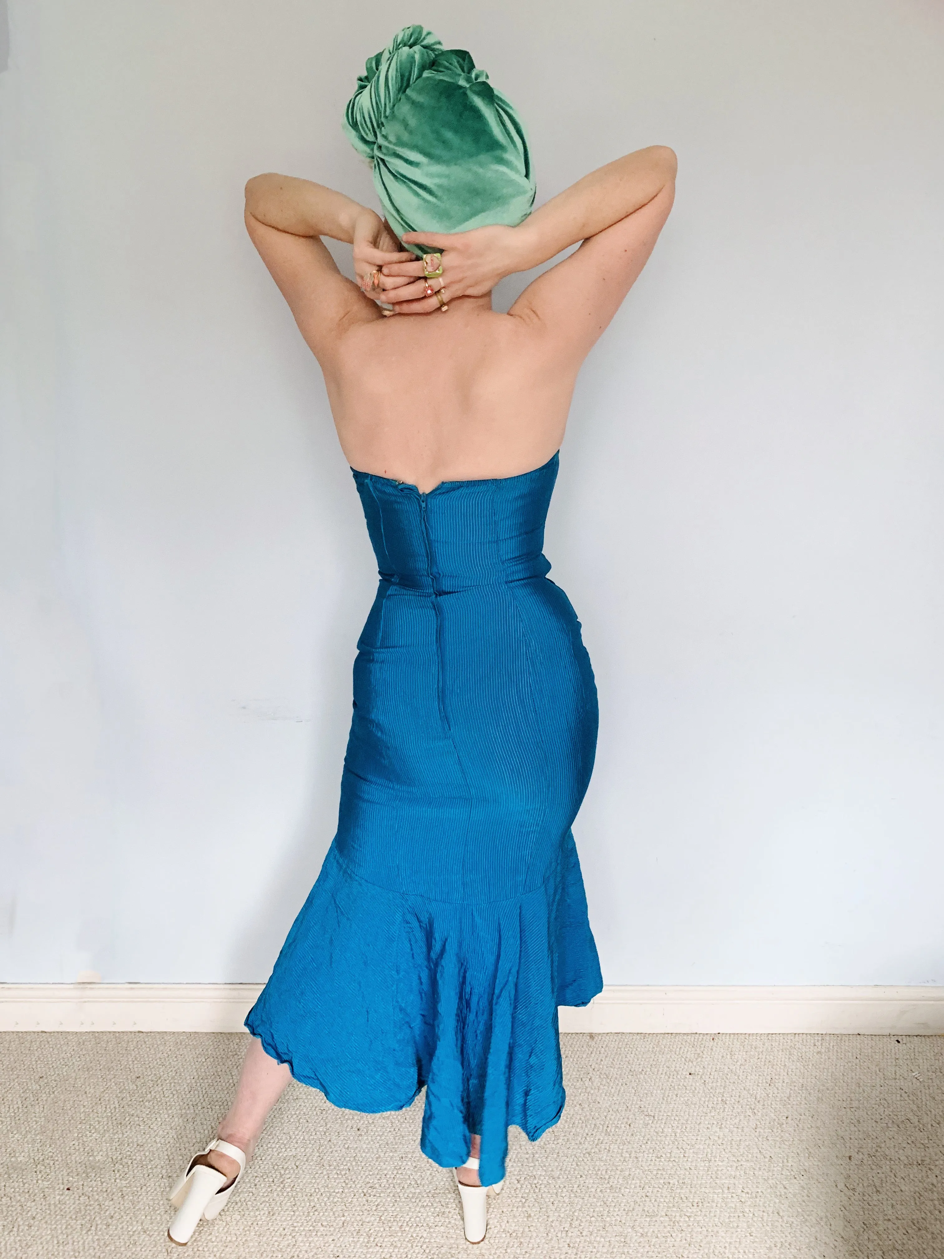 Blue Ribbed Strapless Dress - Vintage Miss Selfridge