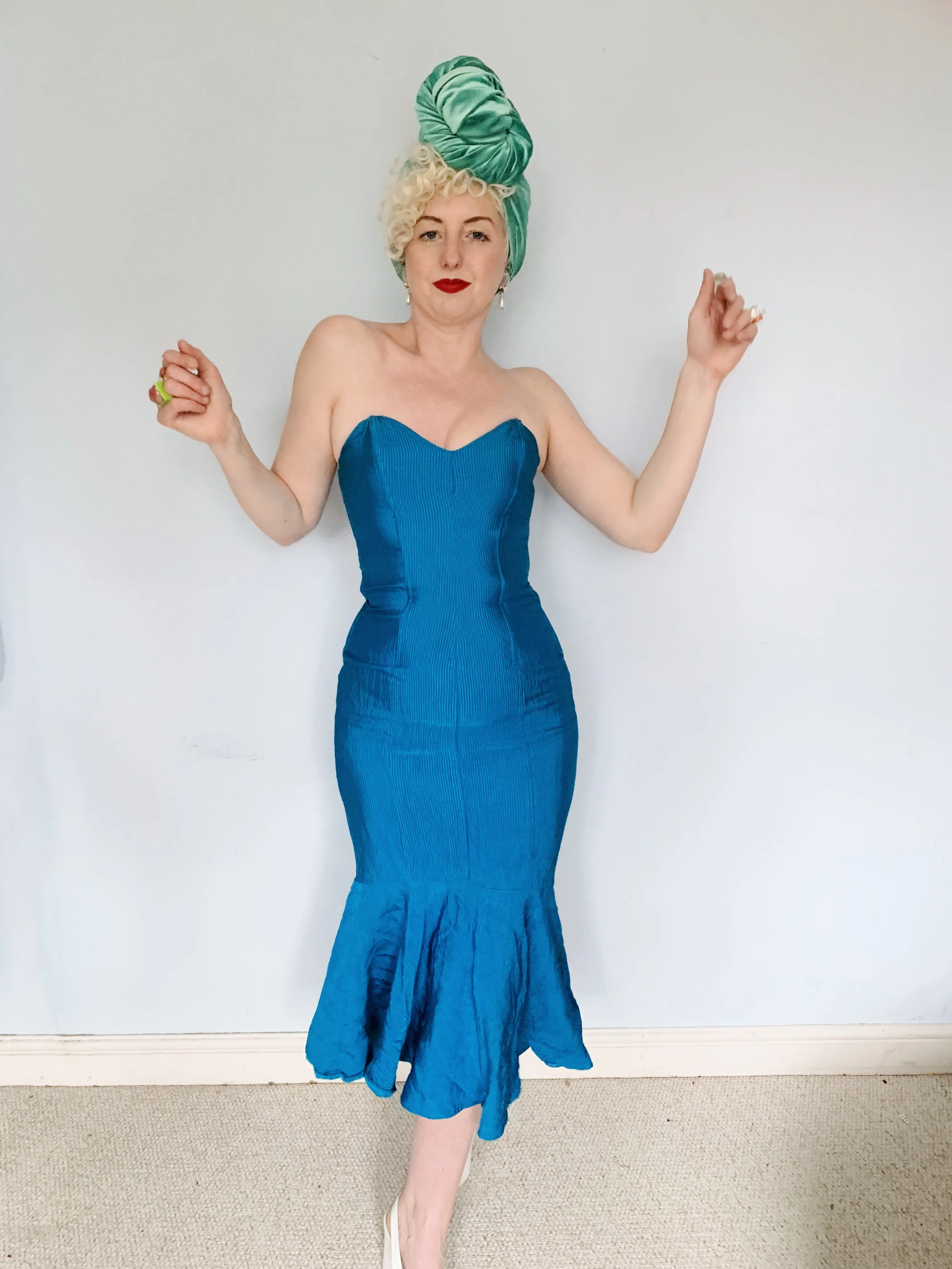 Blue Ribbed Strapless Dress - Vintage Miss Selfridge