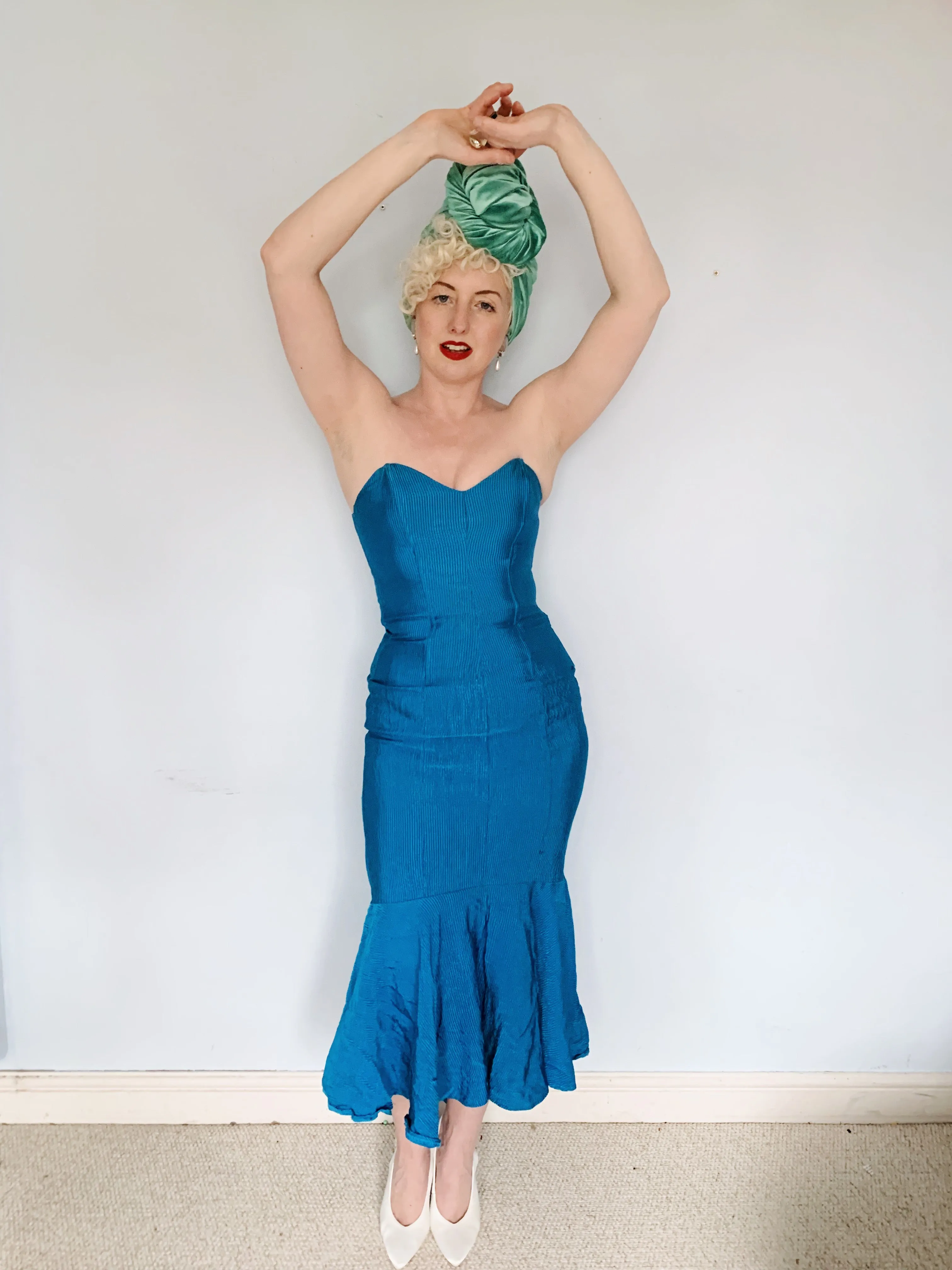Blue Ribbed Strapless Dress - Vintage Miss Selfridge