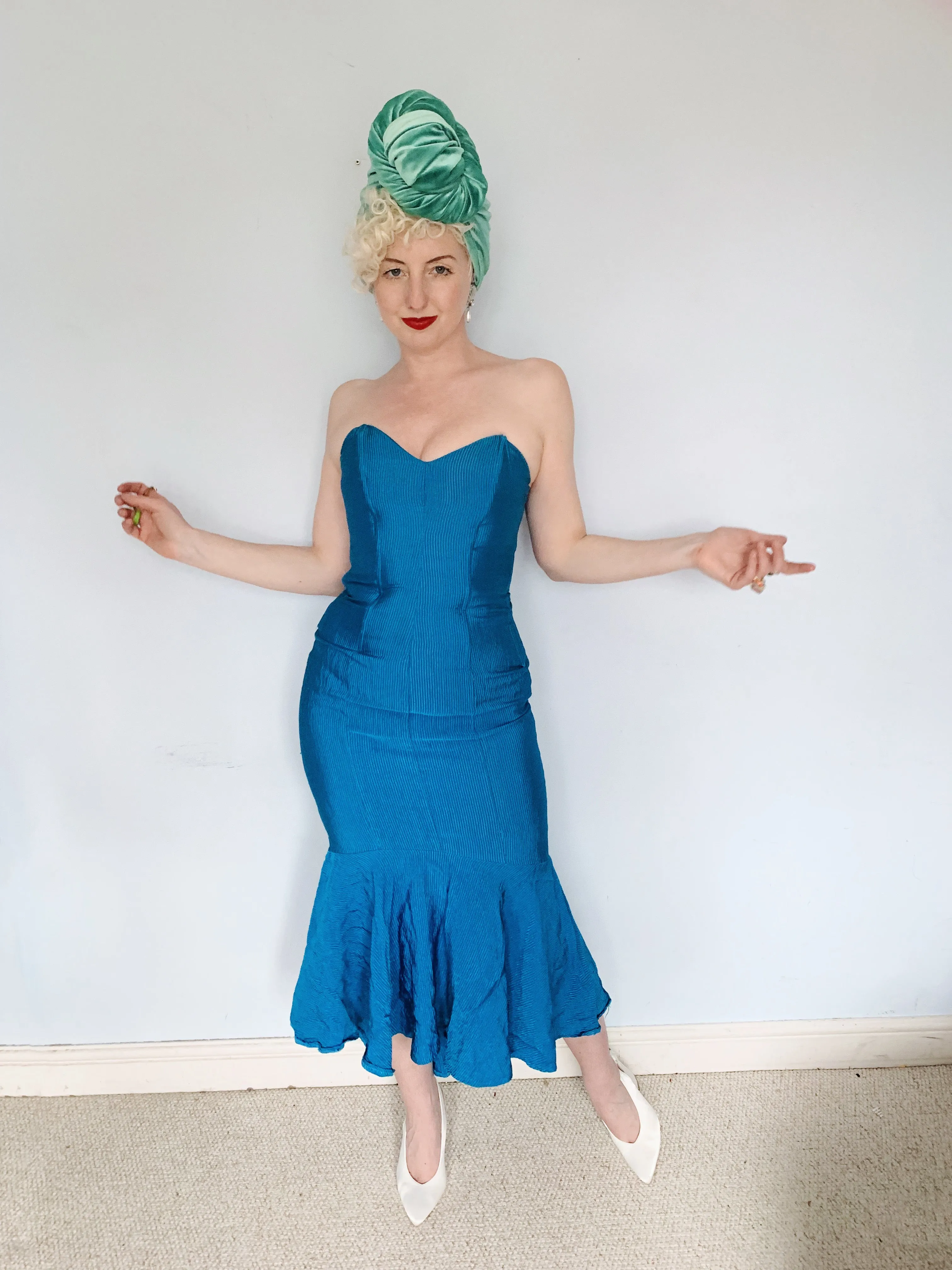 Blue Ribbed Strapless Dress - Vintage Miss Selfridge