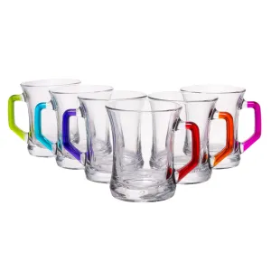 Coral Zen  Clear European Glass Coffee & Tea Mug with Vibrant Colored Handles, Set of 6 Assorted Colors, 7.5 oz