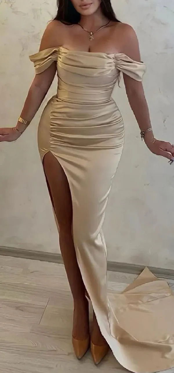 Elegant Off Shoulder Mermaid Side Slit Satin Long Bridesmaid Dresses Online, BG616